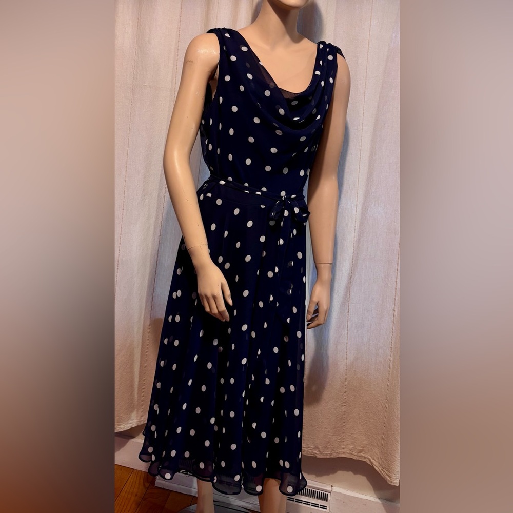 Navy Polka Dot midi dress with Tie Waist medium